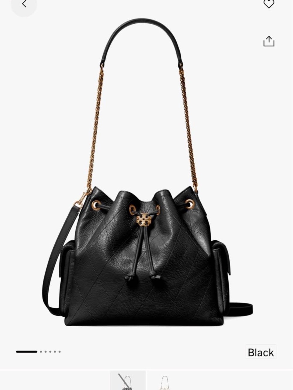 Tory Burch Black Leather Drawstring Bucket Shoulder Bag with Gold Chain